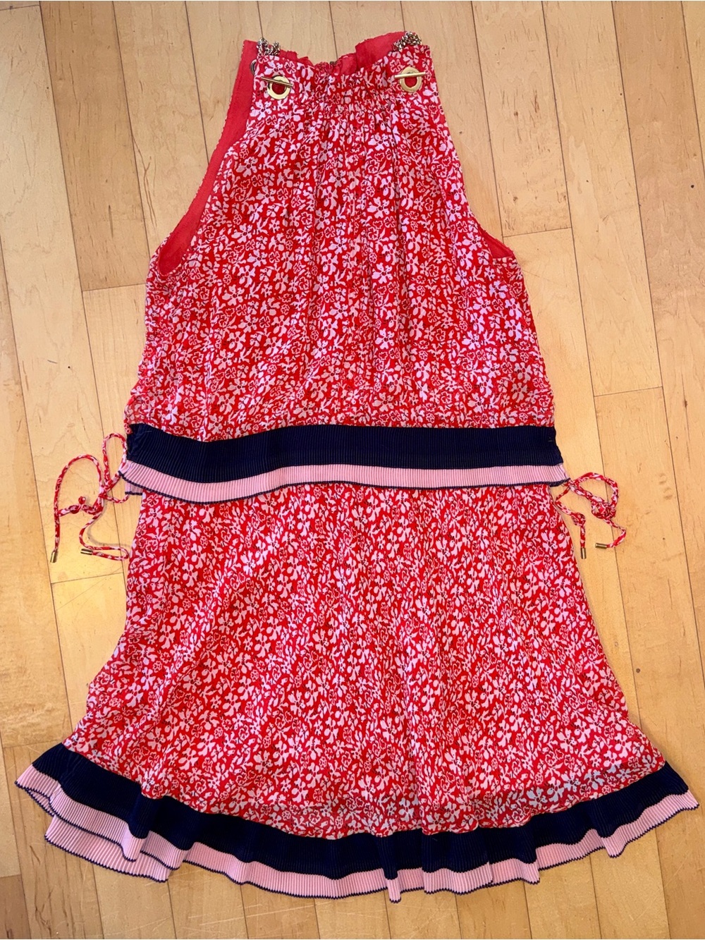 Derek Lam Bright Silk Coral-Pink Printed Sleeveless Dress with Gold Hardware